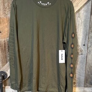 Hurley Olive Green Long Sleeve Crew with Sleeve Sun Graphics